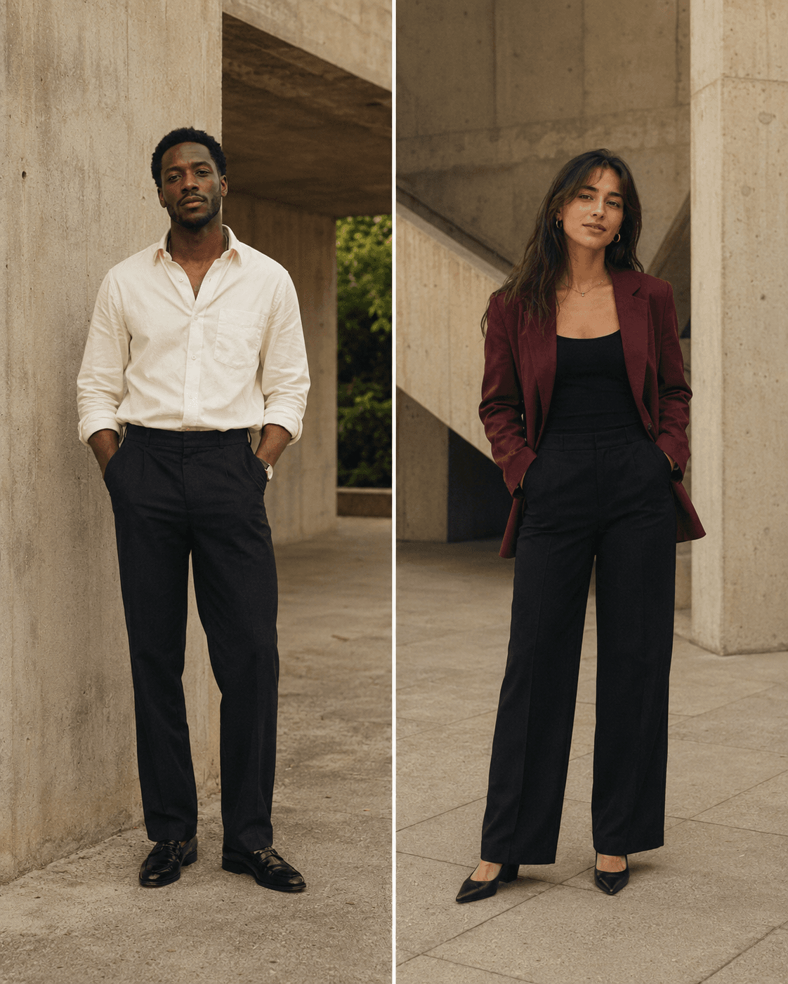 Two adults photographed head to toe against concrete, shown in full-body editorial portraits
